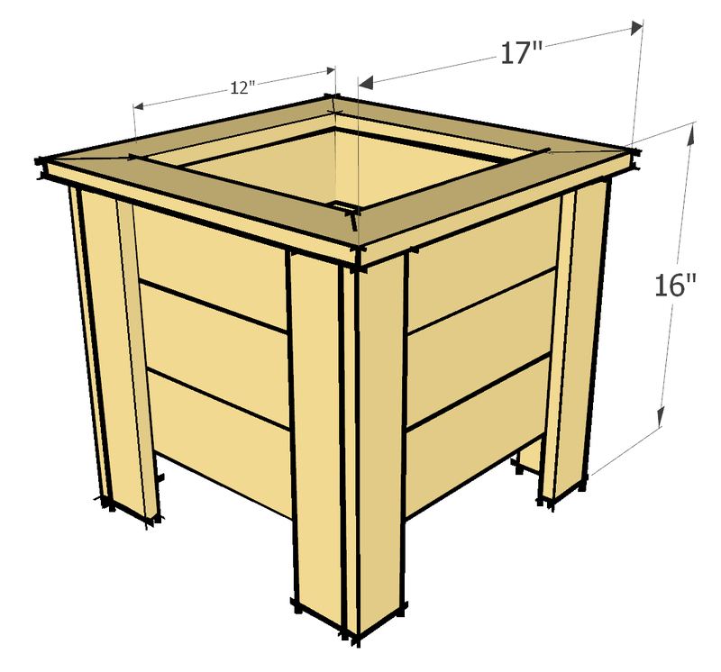 Drawing of the 16 inch planter box: 17 inches square, 16 inches tall, with a 12 inch opening