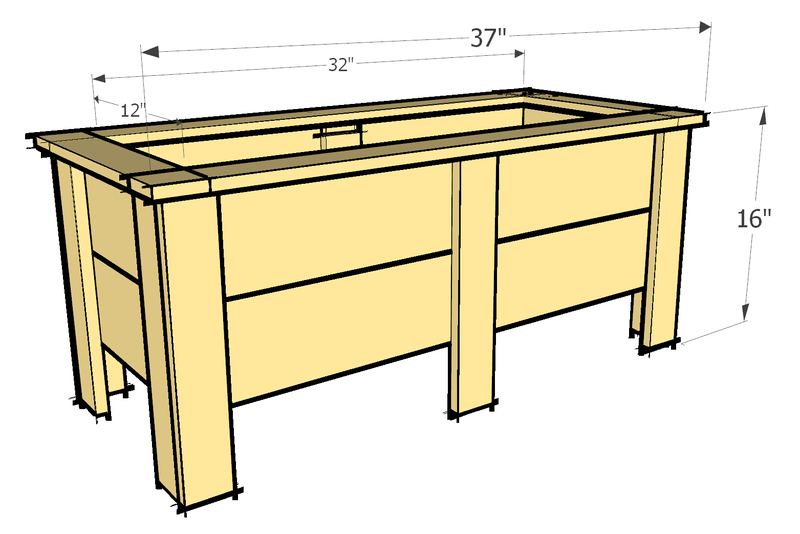 Drawing of the 36 inch planter box: 37 inches long, 16 inches tall, with a 32 by 12 inch opening